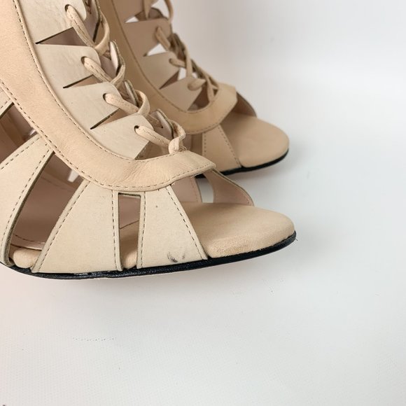 Anthropologie Klub nico cream lace up heels peep toe 9 - Picture 3 of 10